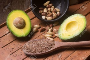 Sources of healthy fats, avocado, nuts and linseeds